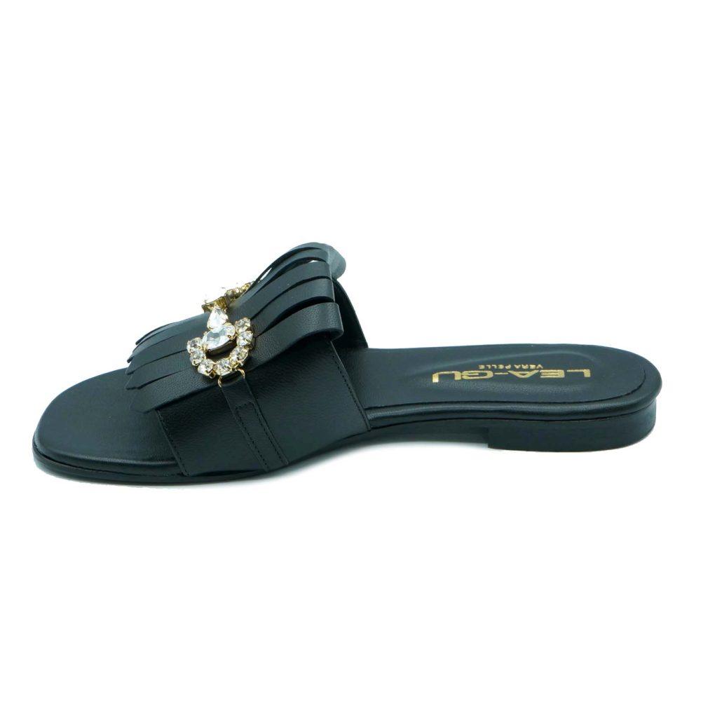 Lea Gu ciabattina in nappa, fascia con frange e accessorio frontale, tacco 10mm Prezzo Ridotto