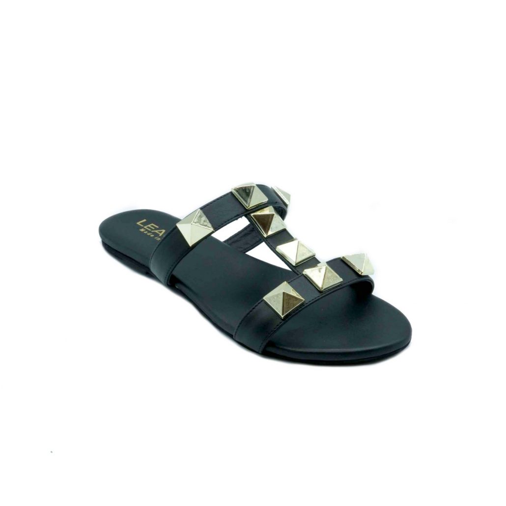 Lea Gu ciabattina in nappa, fascia frontale con borchie a piramide oro, tacco 0,5 mm Sottocosto