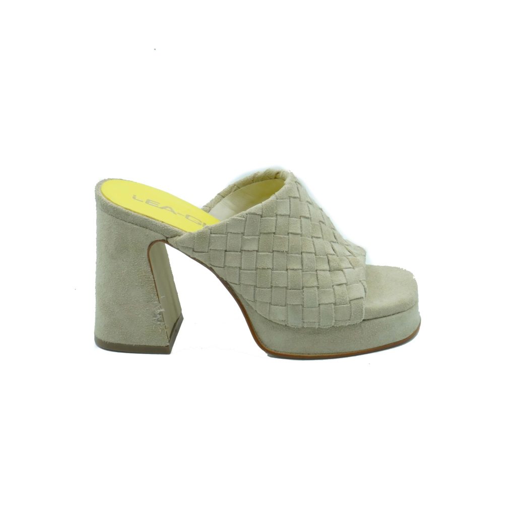 Lea Gu sabot in camoscio, fascia frontale intrecciata, tacco ricoperto 100mm plateau 20mm Negozio
