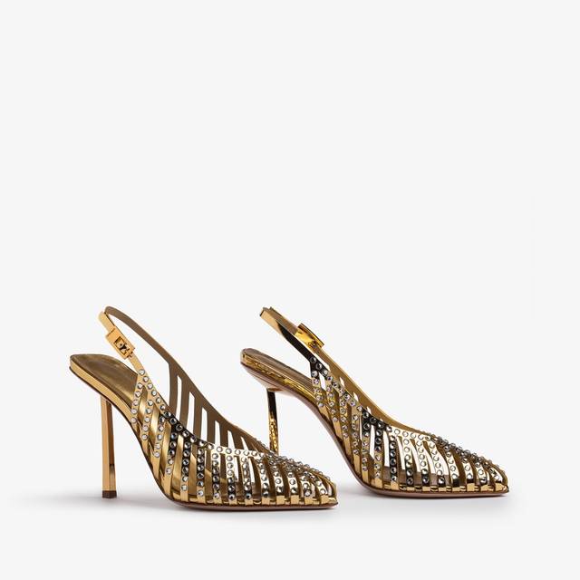 Le Silla Slingback gioiello con listini metallizzata oro pepita e Cristalli Sottocosto