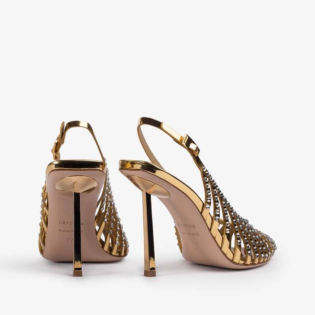Le Silla Slingback gioiello con listini metallizzata oro pepita e Cristalli Sottocosto
