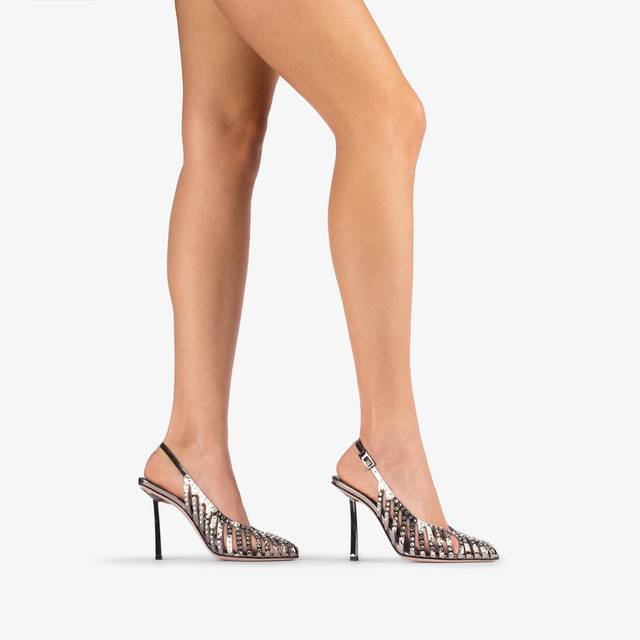 Le Silla Slingback gioiello con listini metallizzata peltro e Cristalli Convenienza