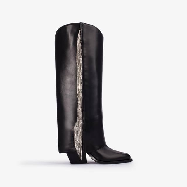 Le Silla Stivale al ginocchio d'ispirazione Western con risvolto nappa nera con frange argento