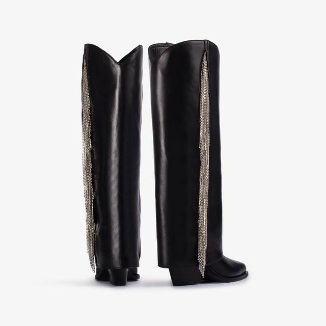 Le Silla Stivale al ginocchio d'ispirazione Western con risvolto nappa nera con frange argento Promozione Limitata