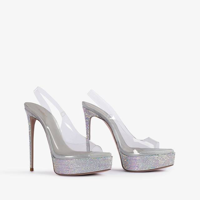 Le Silla Sandalo slingback con plateau plexy e Cristalli argento Sconto