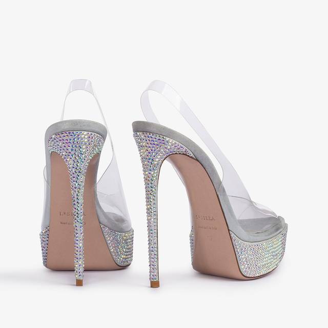 Le Silla Sandalo slingback con plateau plexy e Cristalli argento Sconto