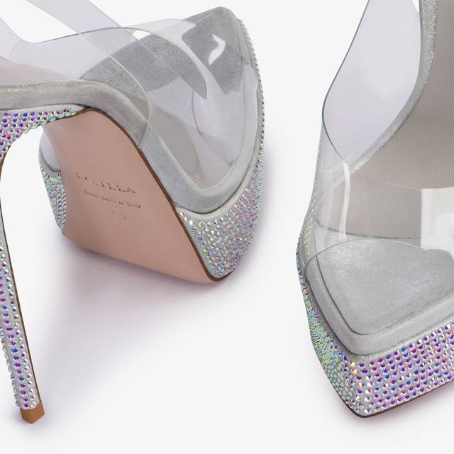 Le Silla Sandalo slingback con plateau plexy e Cristalli argento Sconto