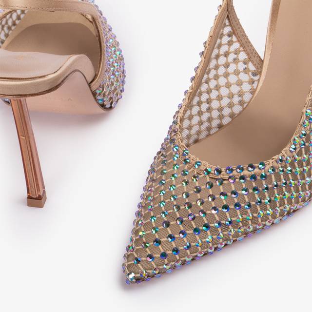 Le Silla Slingback gioiello rete oro e Cristalli iridescenti Nuova