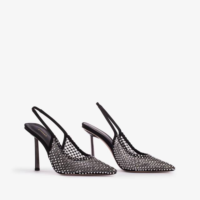 Le Silla Slingback gioiello rete nera e Cristalli argento Moda
