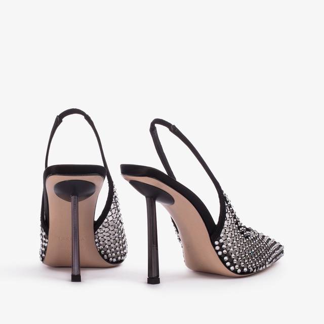 Le Silla Slingback gioiello rete nera e Cristalli argento Moda