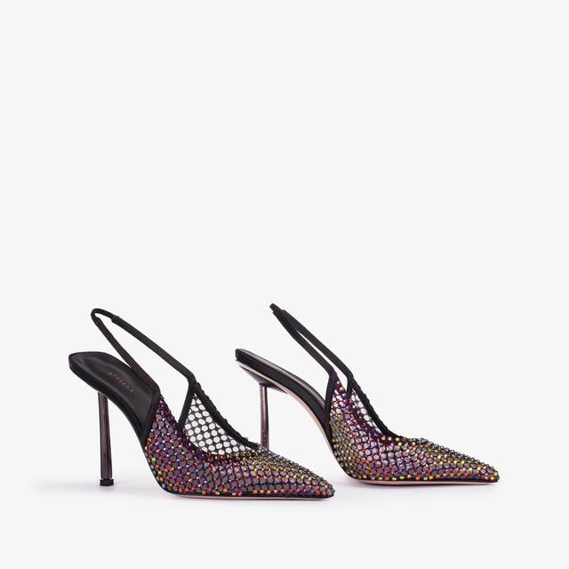 Le Silla Slingback gioiello rete nera e Cristalli iridescenti Saldi Di Fabbrica