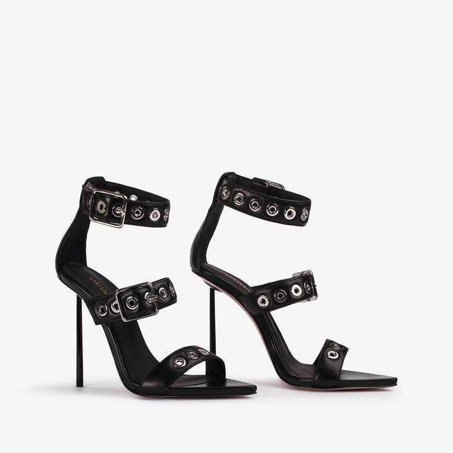 Le Silla Sandalo pelle nero con occhielli argento Moda