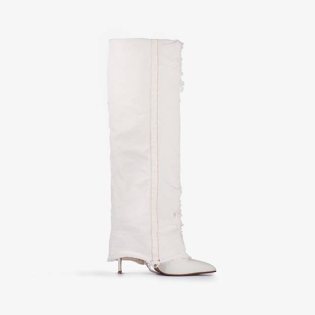 Le Silla Stivale al ginocchio con risvolto denim bianco distressed