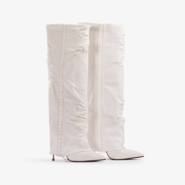 Le Silla Stivale al ginocchio con risvolto denim bianco distressed Prezzo Ridotto
