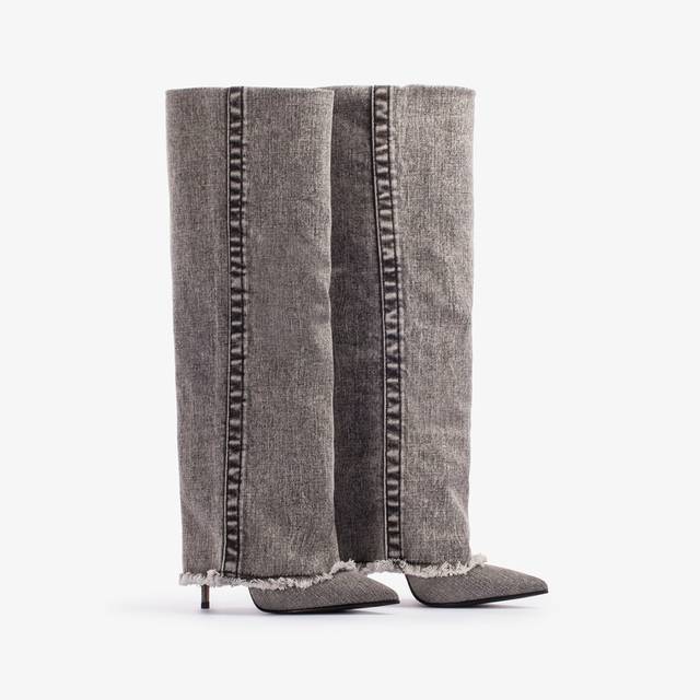 Le Silla Stivale al ginocchio con risvolto denim nero Sottocosto