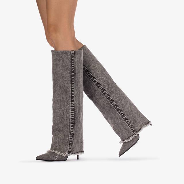 Le Silla Stivale al ginocchio con risvolto denim nero Sottocosto
