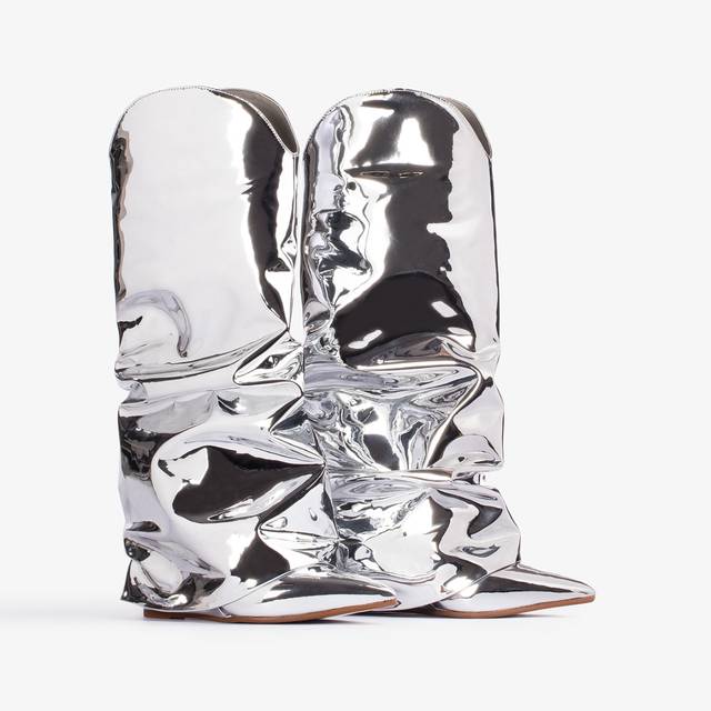Le Silla Stivale al ginocchio d'ispirazione Western con risvolto metallizzato argento Saldi Di Fabbrica