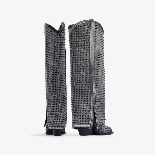 Le Silla Stivale al ginocchio con risvolto d'ispirazione Western denim e Cristalli nero jet Negozio online di fabbrica