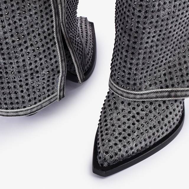 Le Silla Stivale al ginocchio con risvolto d'ispirazione Western denim e Cristalli nero jet Negozio online di fabbrica