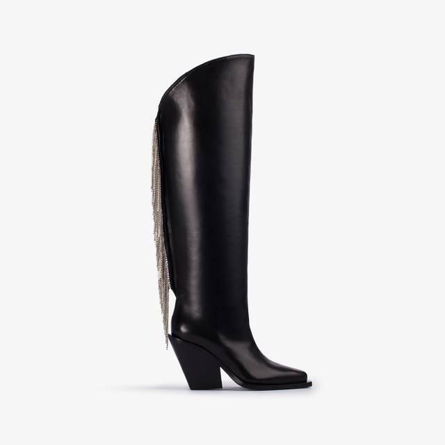Le Silla Stivale al ginocchio d'ispirazione Western nappa nera con frange argento Prezzo di fabbrica