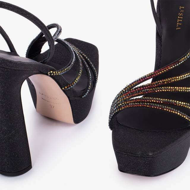 Le Silla Sandalo gioiello con plateau glitter nero con Cristalli iridescenti Latest stili