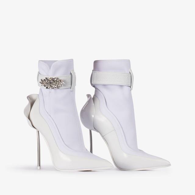 Le Silla Stivaletto pelle e tessuto bianco con Cristalli argento Fino al 55% di sconto