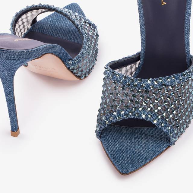 Le Silla Sandalo mule gioiello rete blu denim con Cristalli Ultimo giorno
