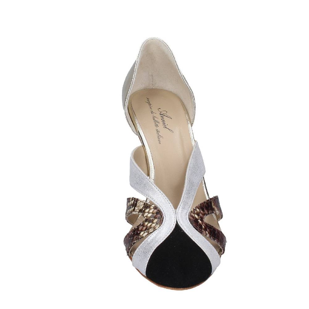 scarpe donna ANNIEL decollete platino pelle nero camoscio EX237 Nuova