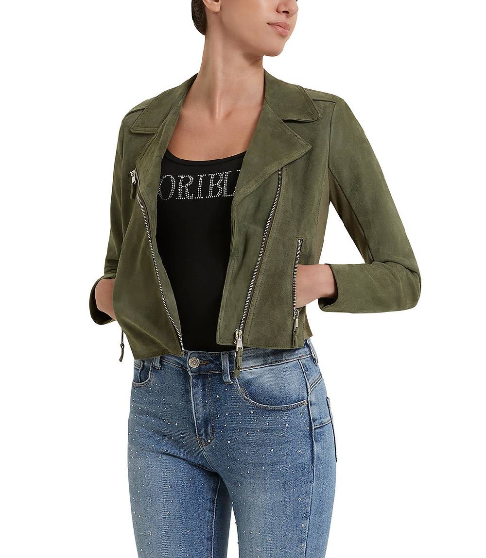 Loriblu Giacca stile biker in camoscio salvia Consegna Veloce