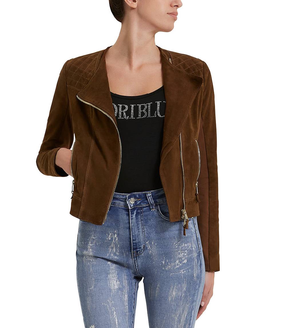 Loriblu Giacca stile biker in camoscio tabacco Prezzo Ridotto
