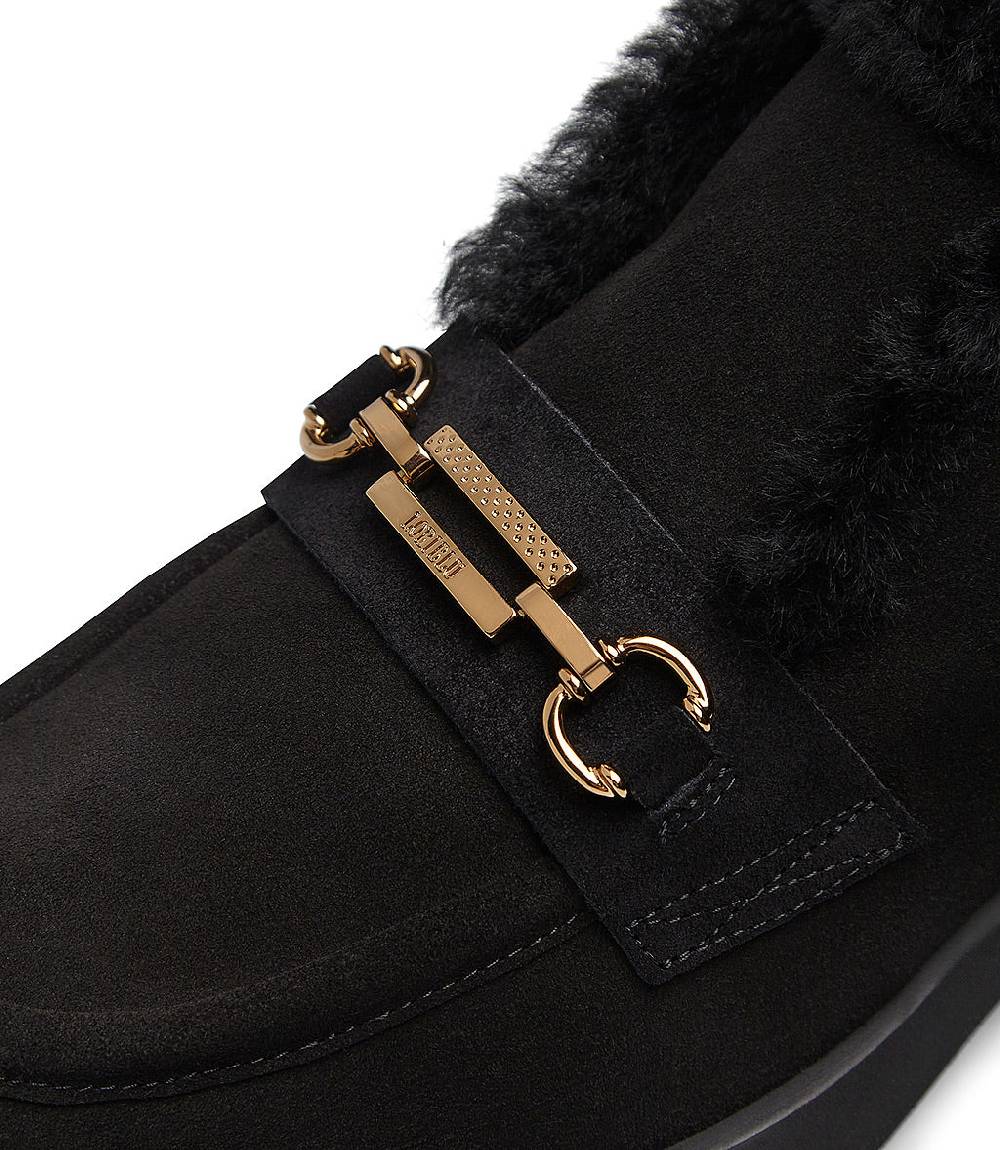 Loriblu Mocassini in camoscio e shearling nero con fibbia-logo Hotsell