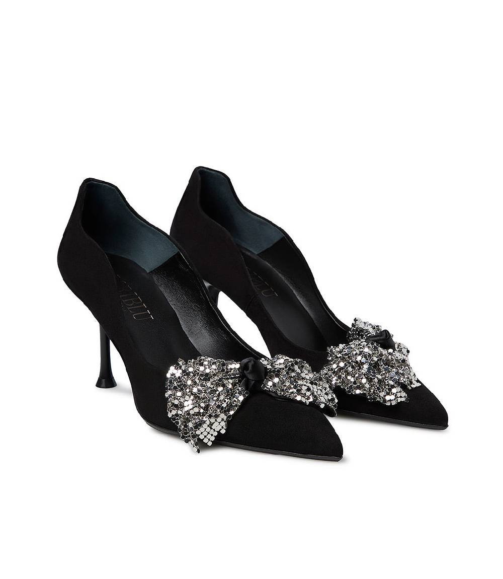 Loriblu Décolleté onda camoscio nero con fiocco full metal argento Sconto