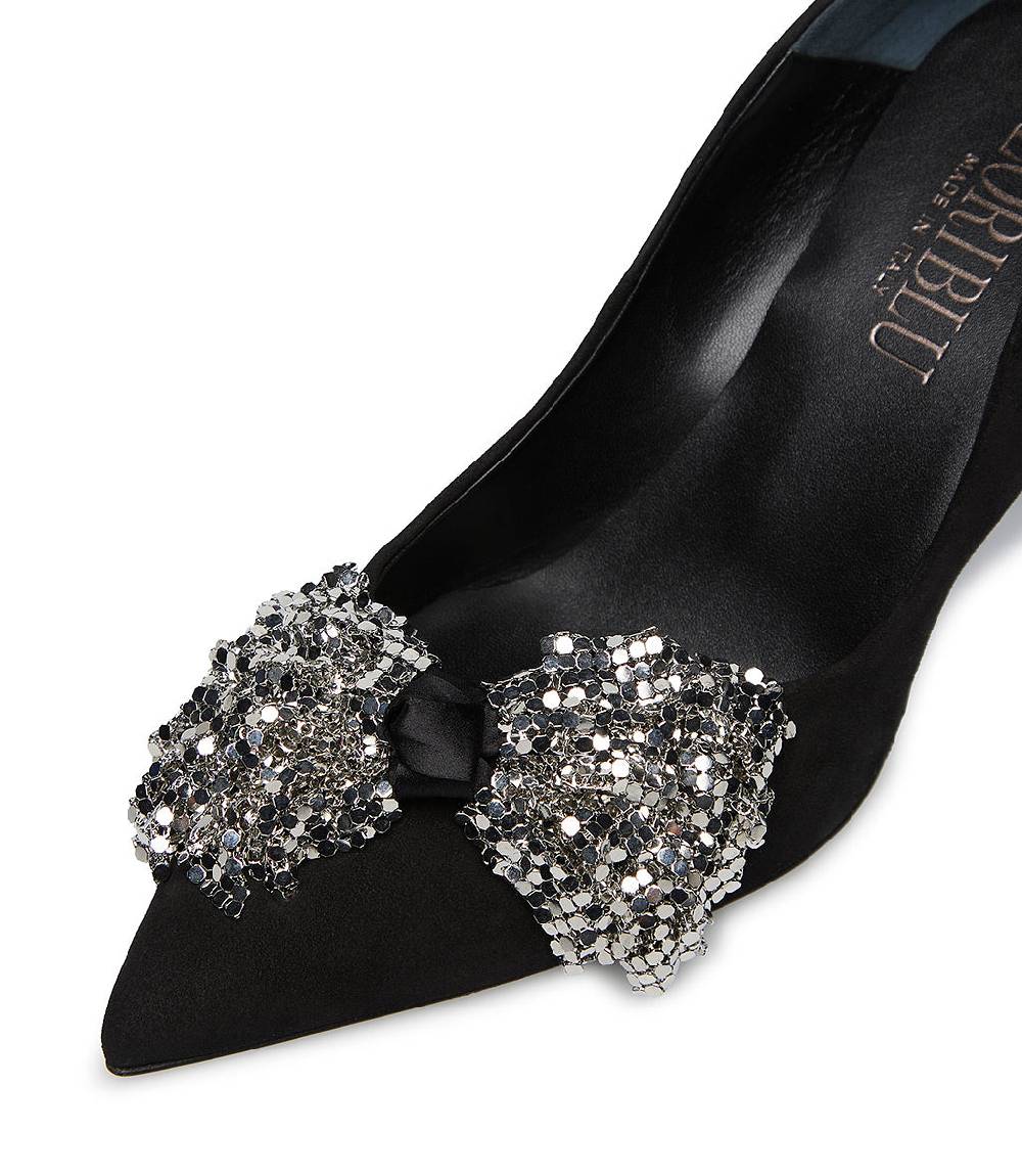 Loriblu Décolleté onda camoscio nero con fiocco full metal argento Sconto