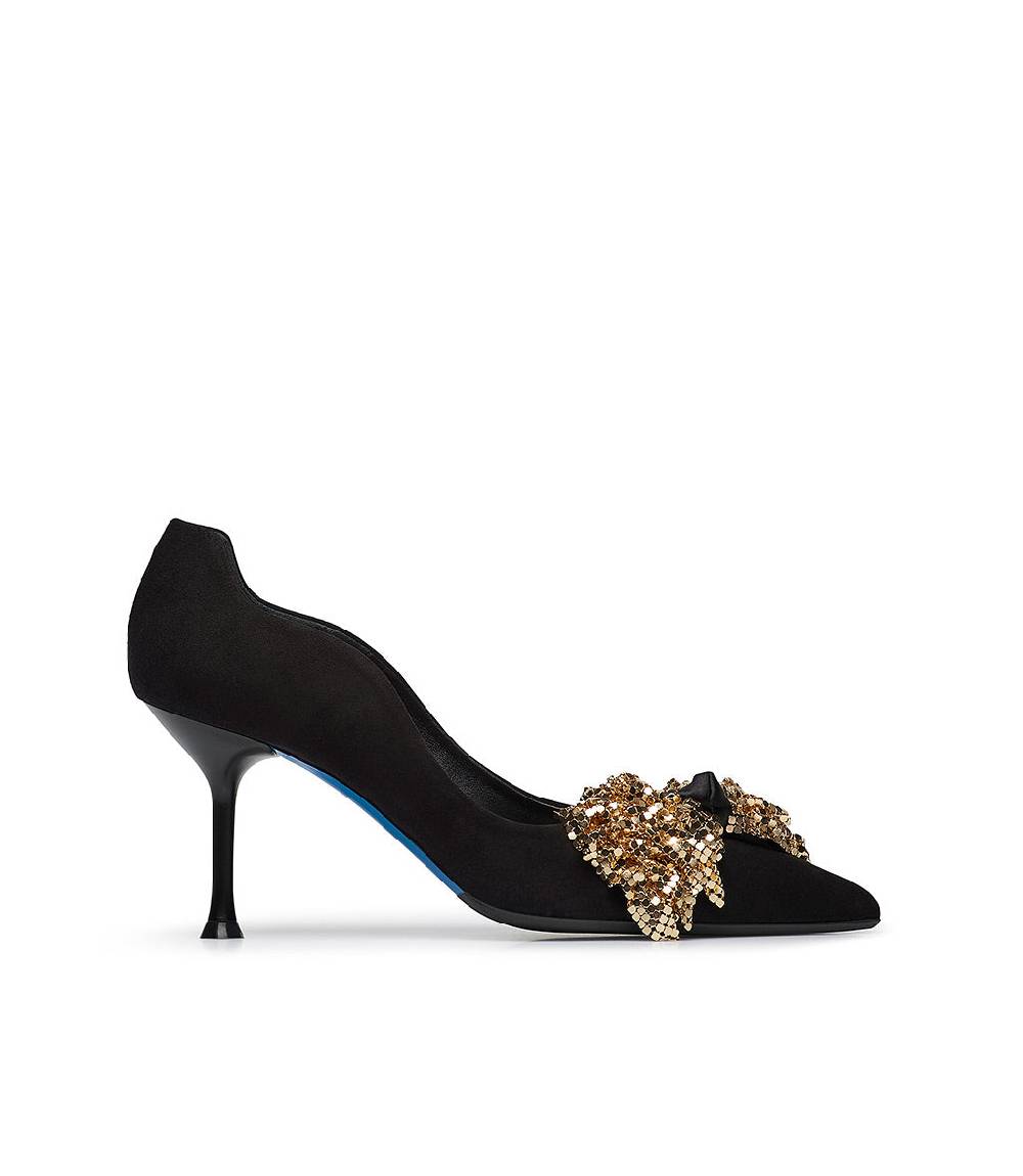 Loriblu Décolleté onda in camoscio nero con fiocco full metal oro