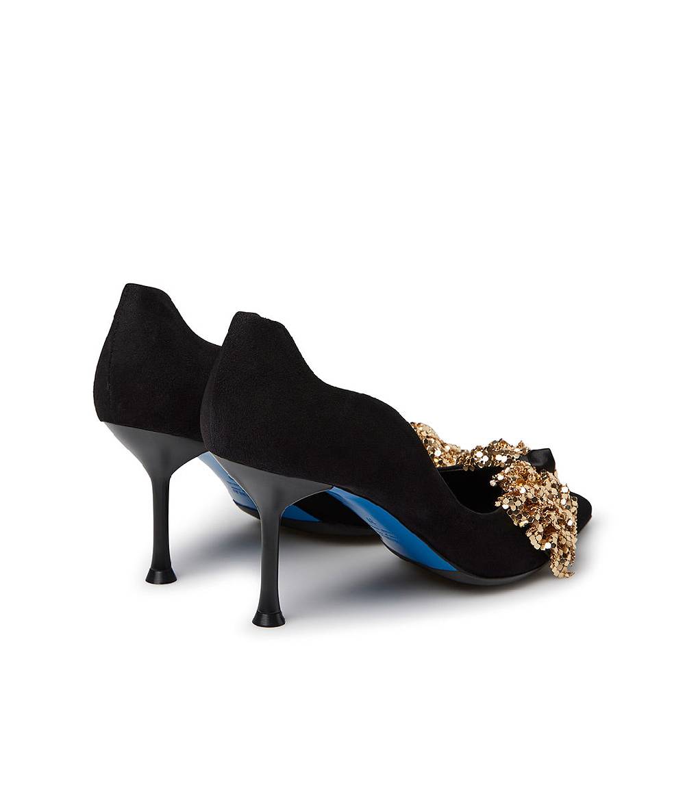 Loriblu Décolleté onda in camoscio nero con fiocco full metal oro Liquidazione