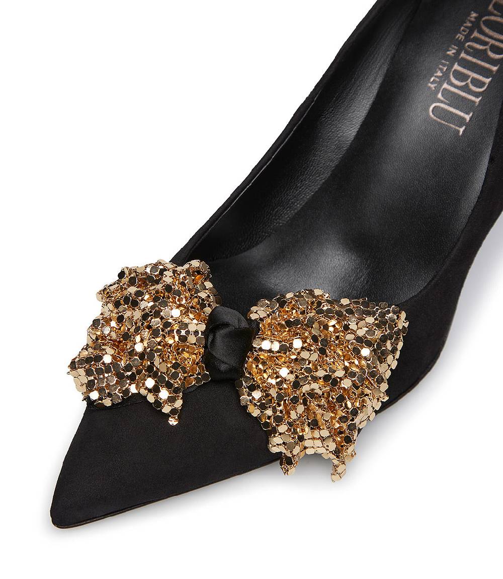 Loriblu Décolleté onda in camoscio nero con fiocco full metal oro Liquidazione