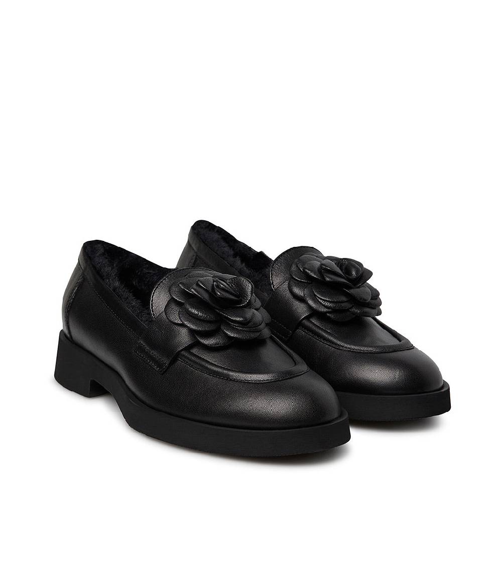 Loriblu Mocassino in nappa nero con fiore e fodera shearling Outlet