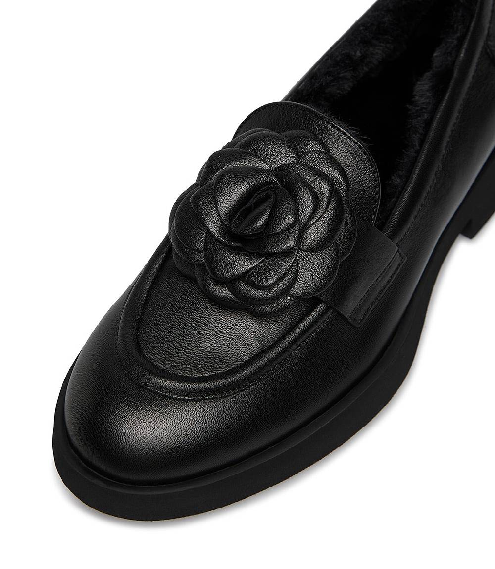Loriblu Mocassino in nappa nero con fiore e fodera shearling Outlet