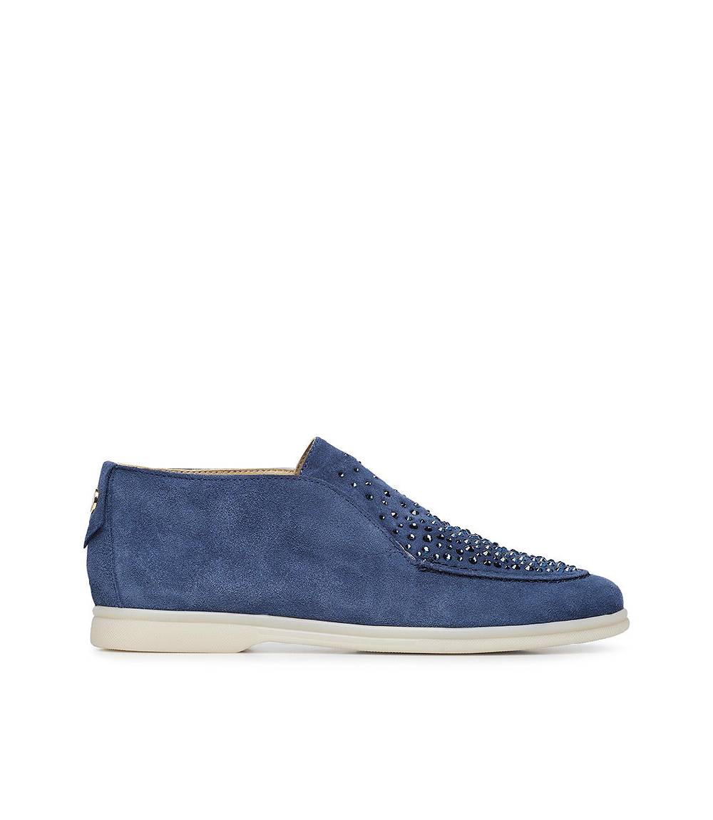 Loriblu Mocassini in pelle scamosciata blu avio con cristalli