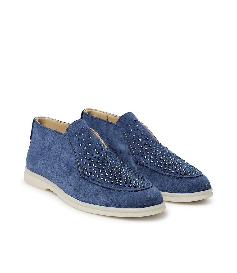 Loriblu Mocassini in pelle scamosciata blu avio con cristalli In Linea