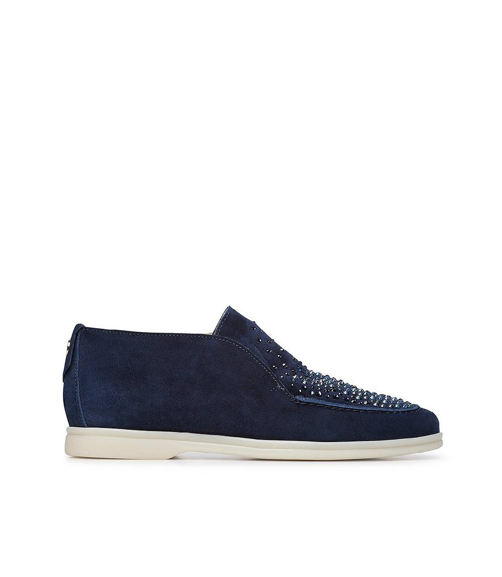 Loriblu Mocassini in pelle scamosciata blu scuro con cristalli