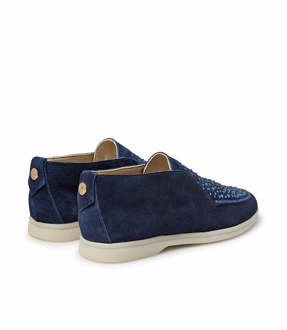 Loriblu Mocassini in pelle scamosciata blu scuro con cristalli Nuovo