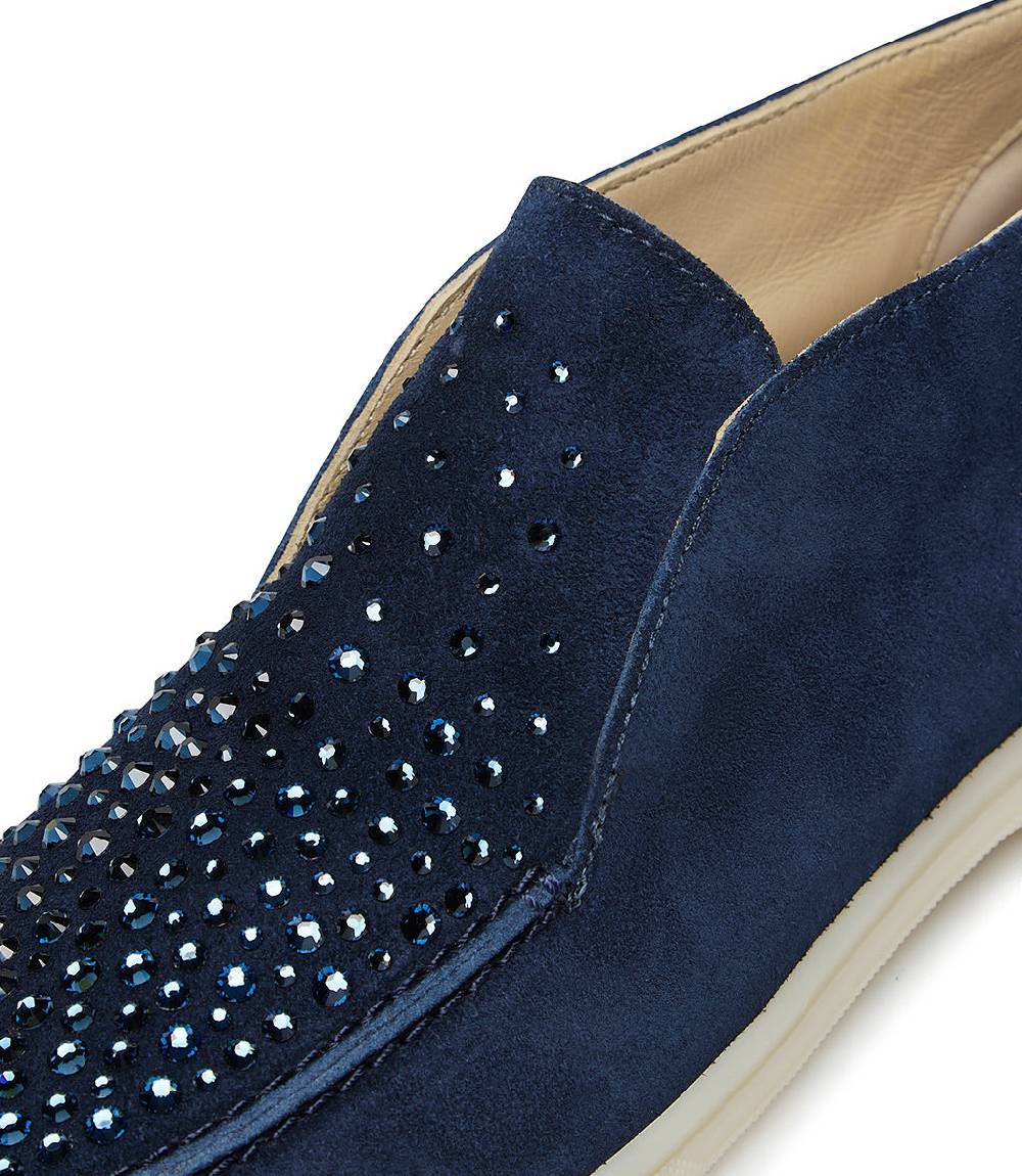 Loriblu Mocassini in pelle scamosciata blu scuro con cristalli Nuovo