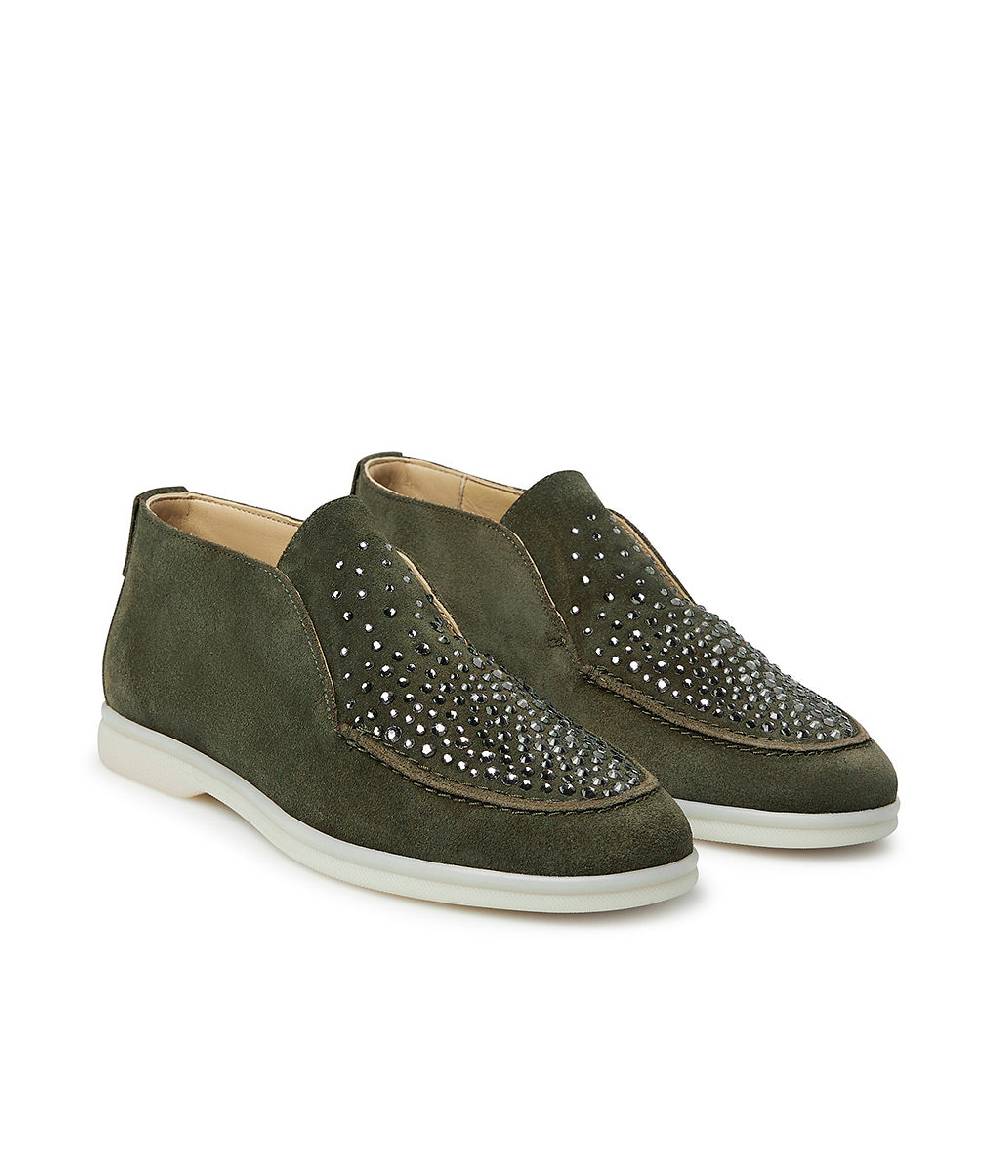 Loriblu Mocassini in pelle scamosciata verde con cristalli Spedizione Gratuita