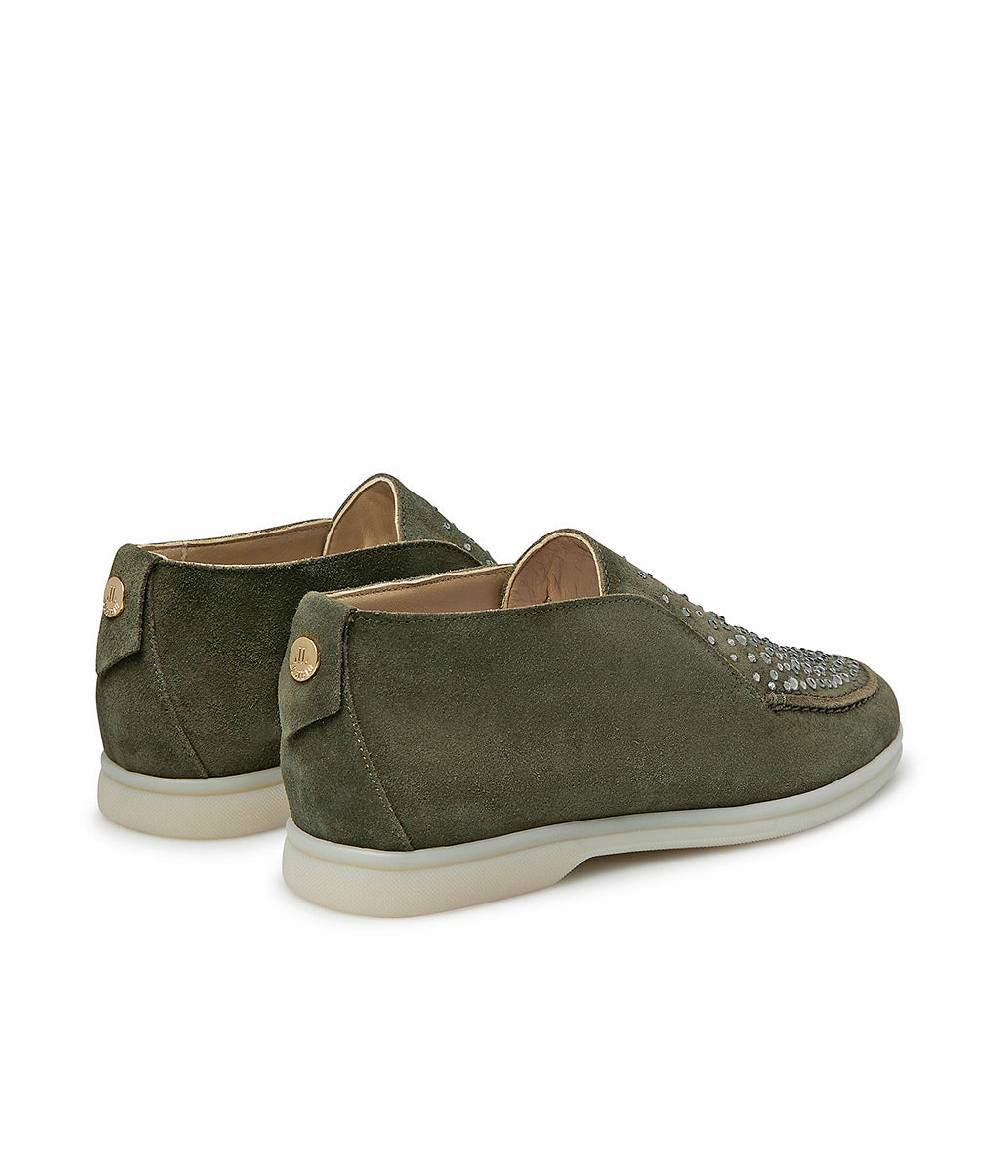 Loriblu Mocassini in pelle scamosciata verde con cristalli Spedizione Gratuita