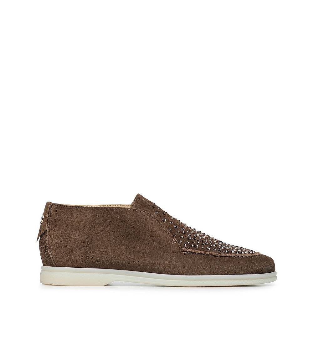 Loriblu Mocassini in pelle scamosciata marrone con cristalli