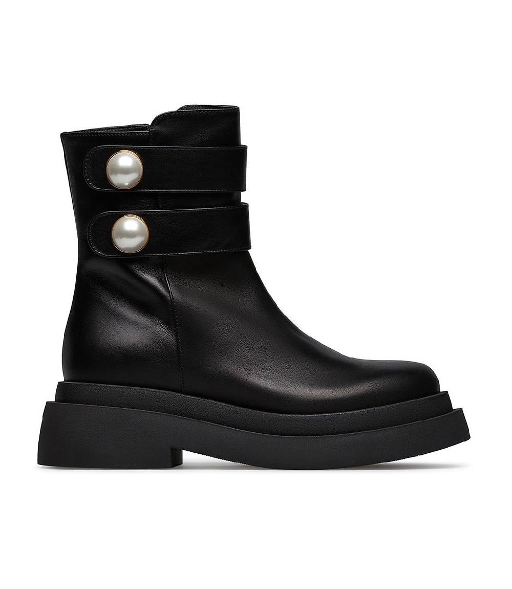 Loriblu Stivaletto in vitello nero con cinturini e borchie perla
