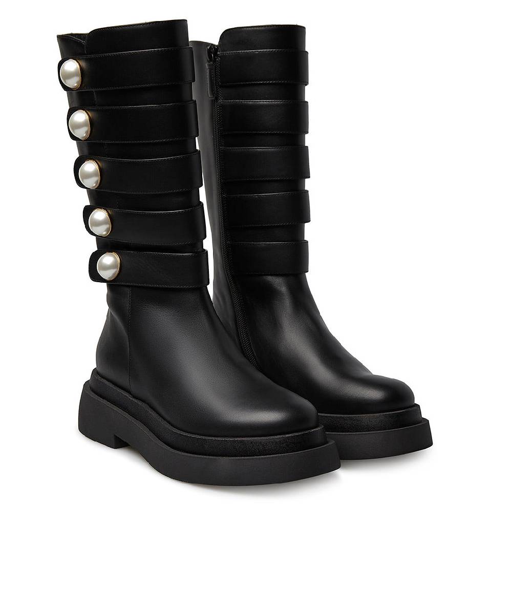Loriblu Stivale in vitello nero con cinturini e borchie perla Italia