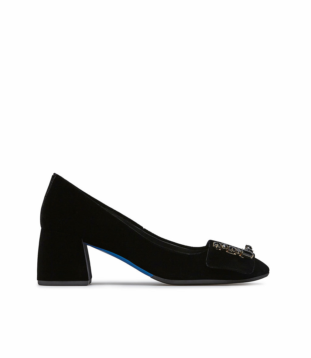 Loriblu Décolleté in velluto nero con Logo Signature in cristalli