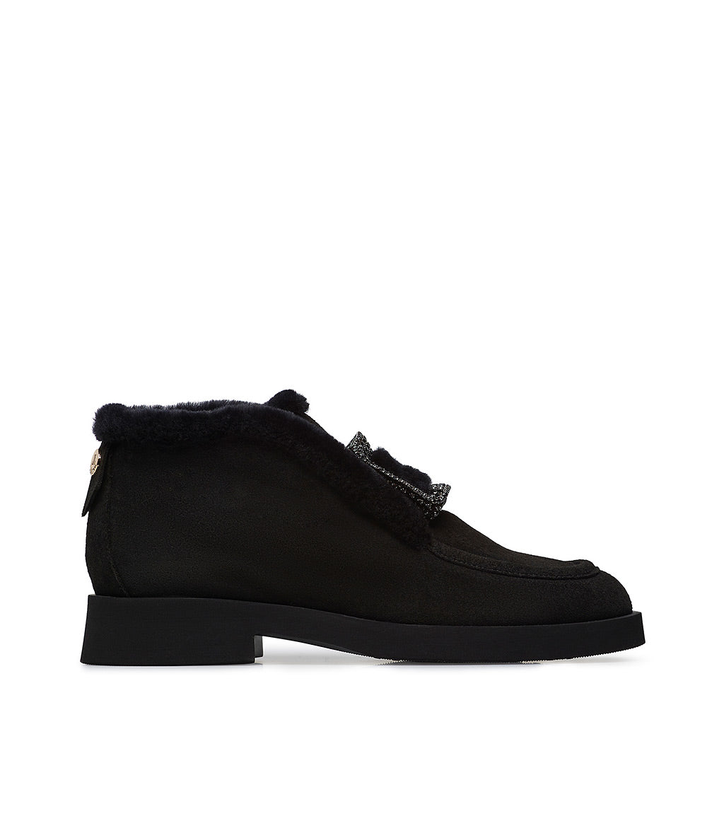 Loriblu Mocassini in camoscio e shearling nero con fibbia-gioiello